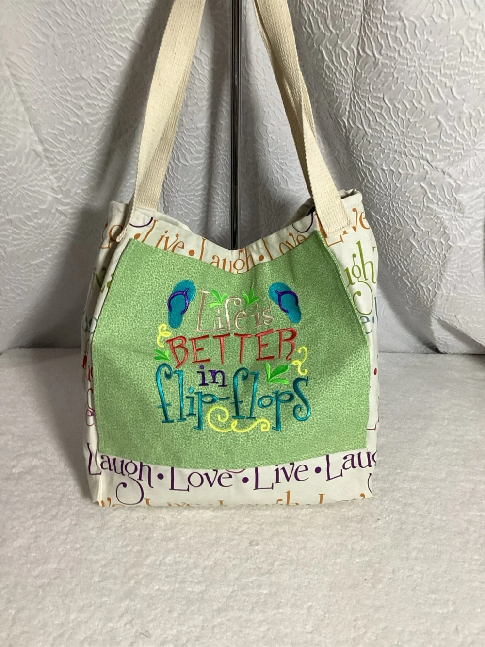 Live Laugh Love Cloth Canvas Shopper Tote “Life is Better in Flip Flops” NWOT - Picture 12 of 12